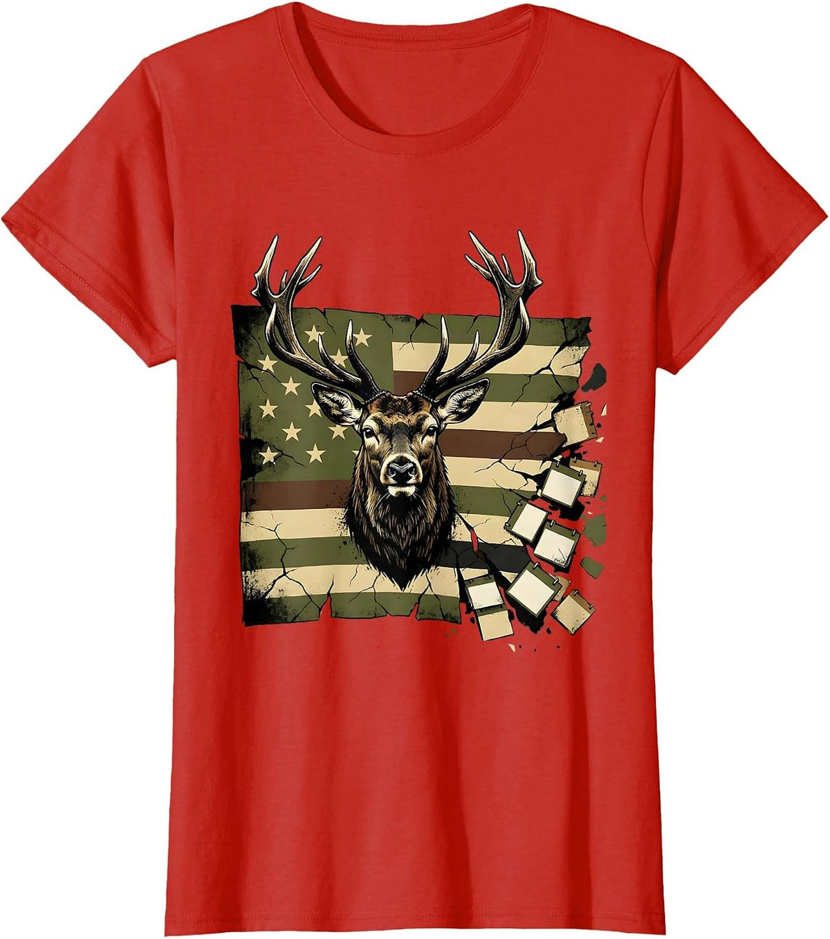 Buck Head Camo Flag Funny Deer Hunting Hunter Dad T-Shirt - Red