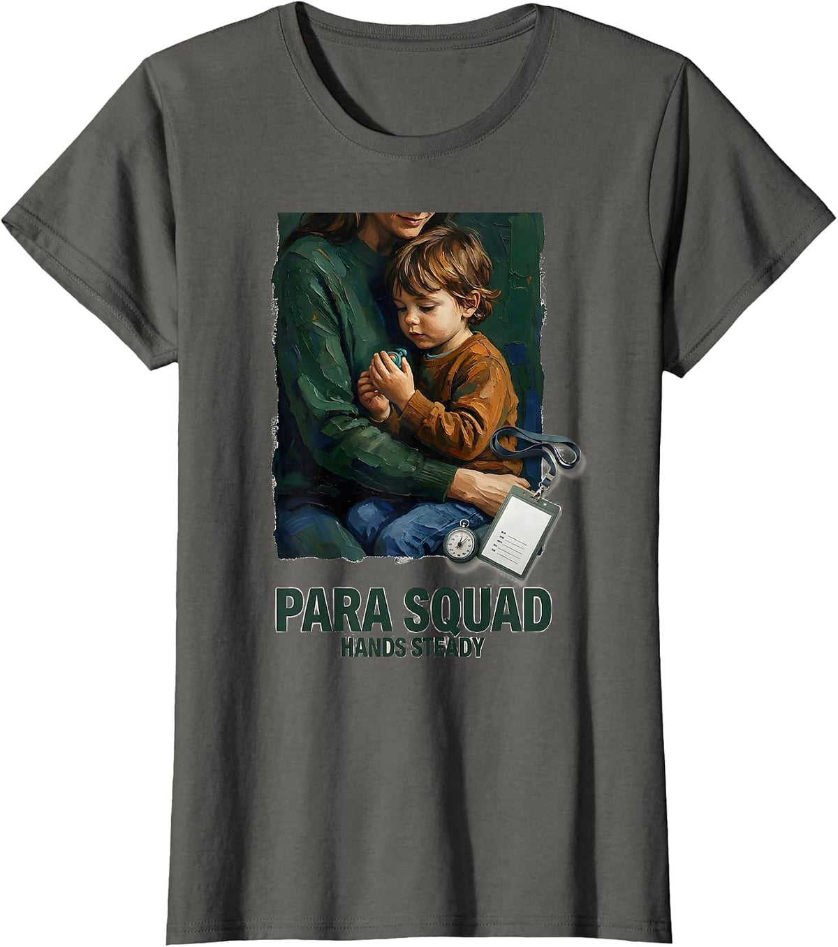Women's Para Squad Hands Steady Paraprofessional Teacher Aide Back T-Shirt - Asphalt Grey