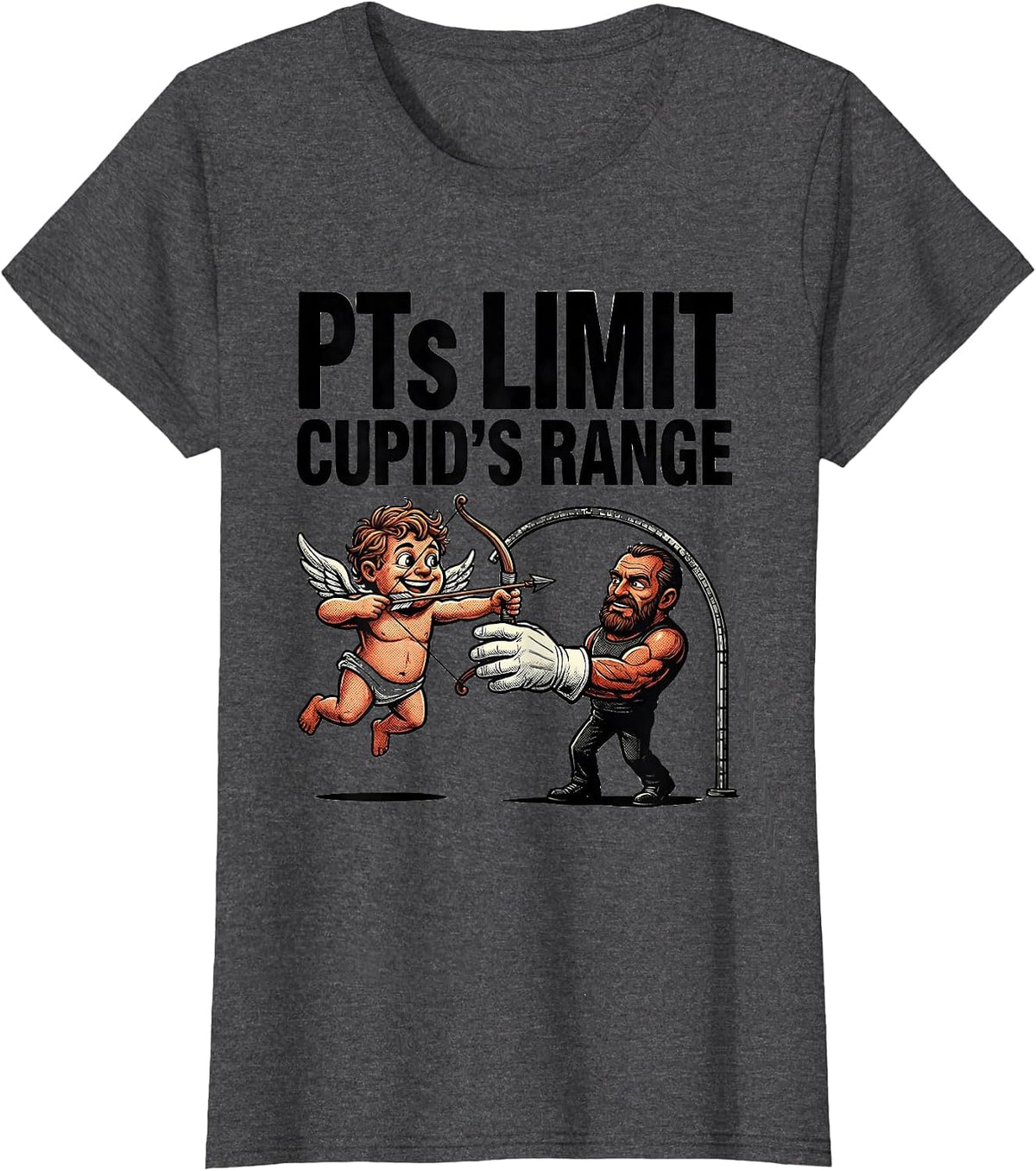 Women's PTs Limit Cupid's Range Retro Cartoon Physical Therapist T-Shirt - Dark Heather Grey