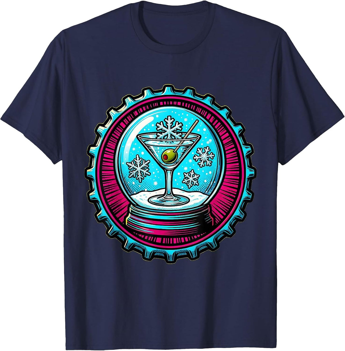 Martini Snow Globe Holiday Cocktail Graphic T-Shirt - Navy Blue