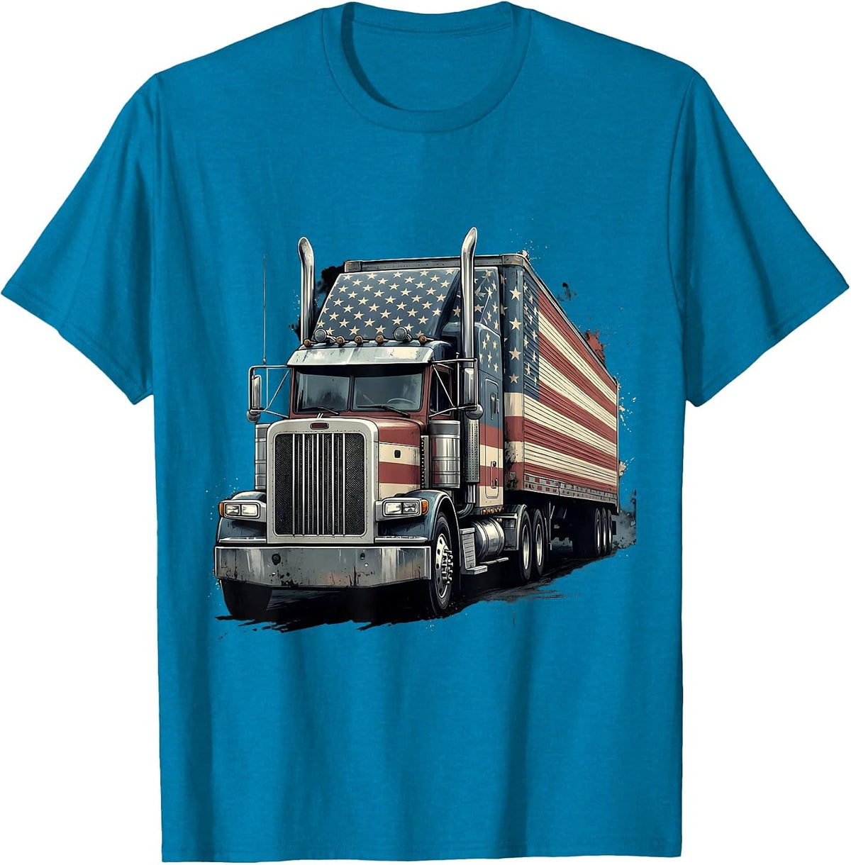 Broadside Semi-Trailer Patriotic American Flag Trucker T-Shirt - Sapphire Blue