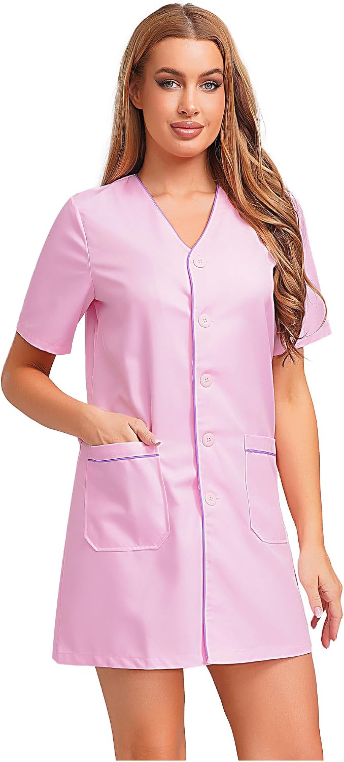 Jhaoyu Women's Salon Uniform Dress V-neck Short Sleeve Work Coat with Pockets for Estheticians Lash Techs - Pink