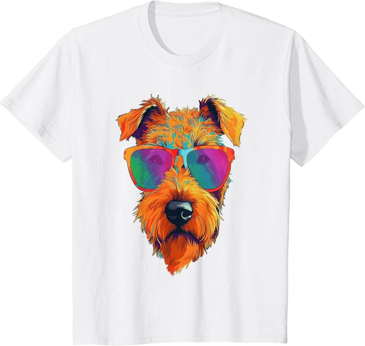 Colorful Pop Art Airedale Terrier Wearing Sunglasses Face T-Shirt - White
