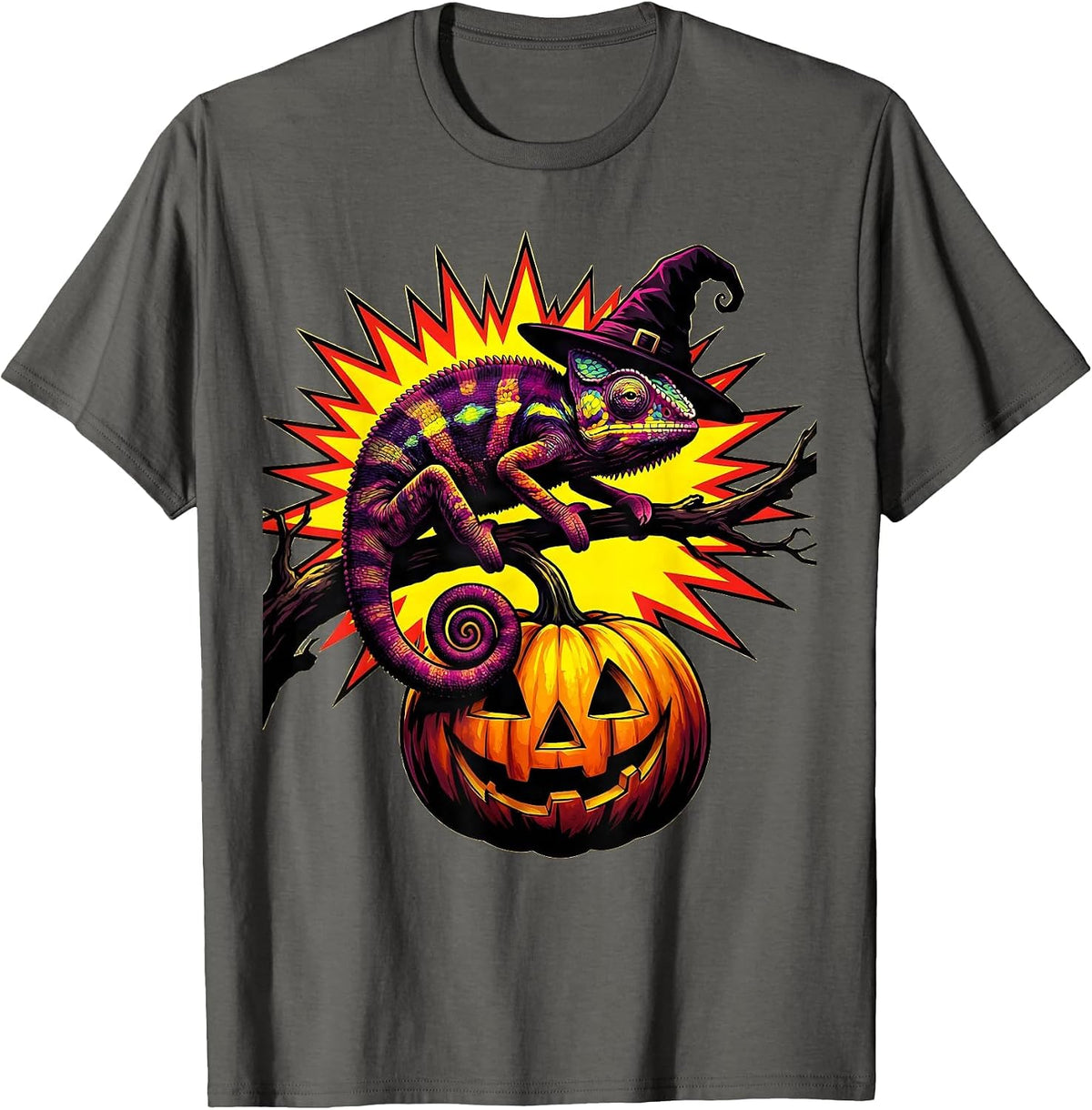 Cheerful Chameleon Halloween Witch Hat Pumpkin Pop Art T-Shirt - Asphalt Grey