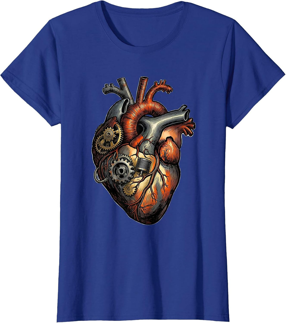 Women's Mechanical Heart Gears and Pistons Motorcycle Design T-Shirt - Royal Blue