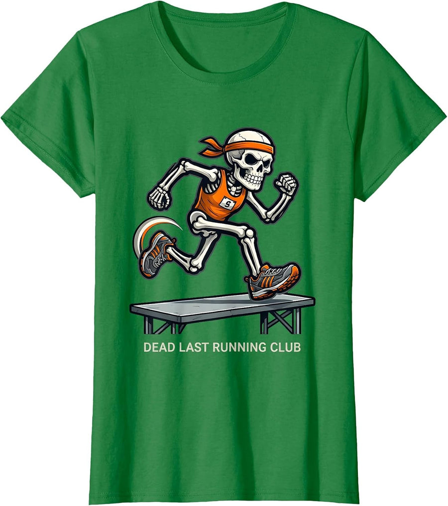 Women's Dead Last Running Club Funny Halloween Skeleton Runner T-Shirt - Kelly Green