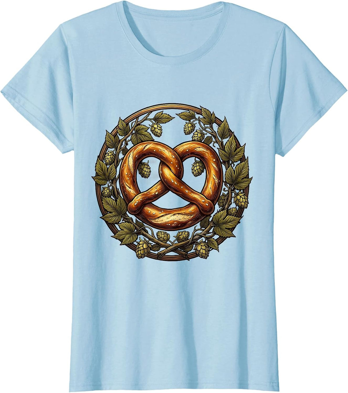 Women's Oktoberfest Pretzel and Hop Branches Illustration T-Shirt - Baby Blue