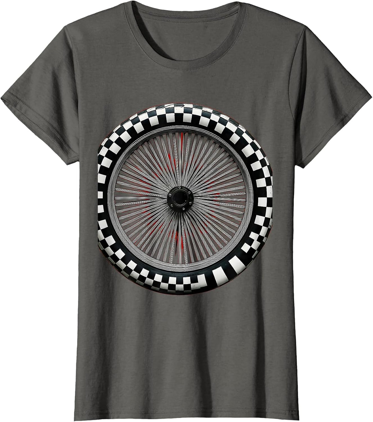 Women's Motorcycle Wheel Checkered Tire Tread Graphic T-Shirt - Asphalt Grey