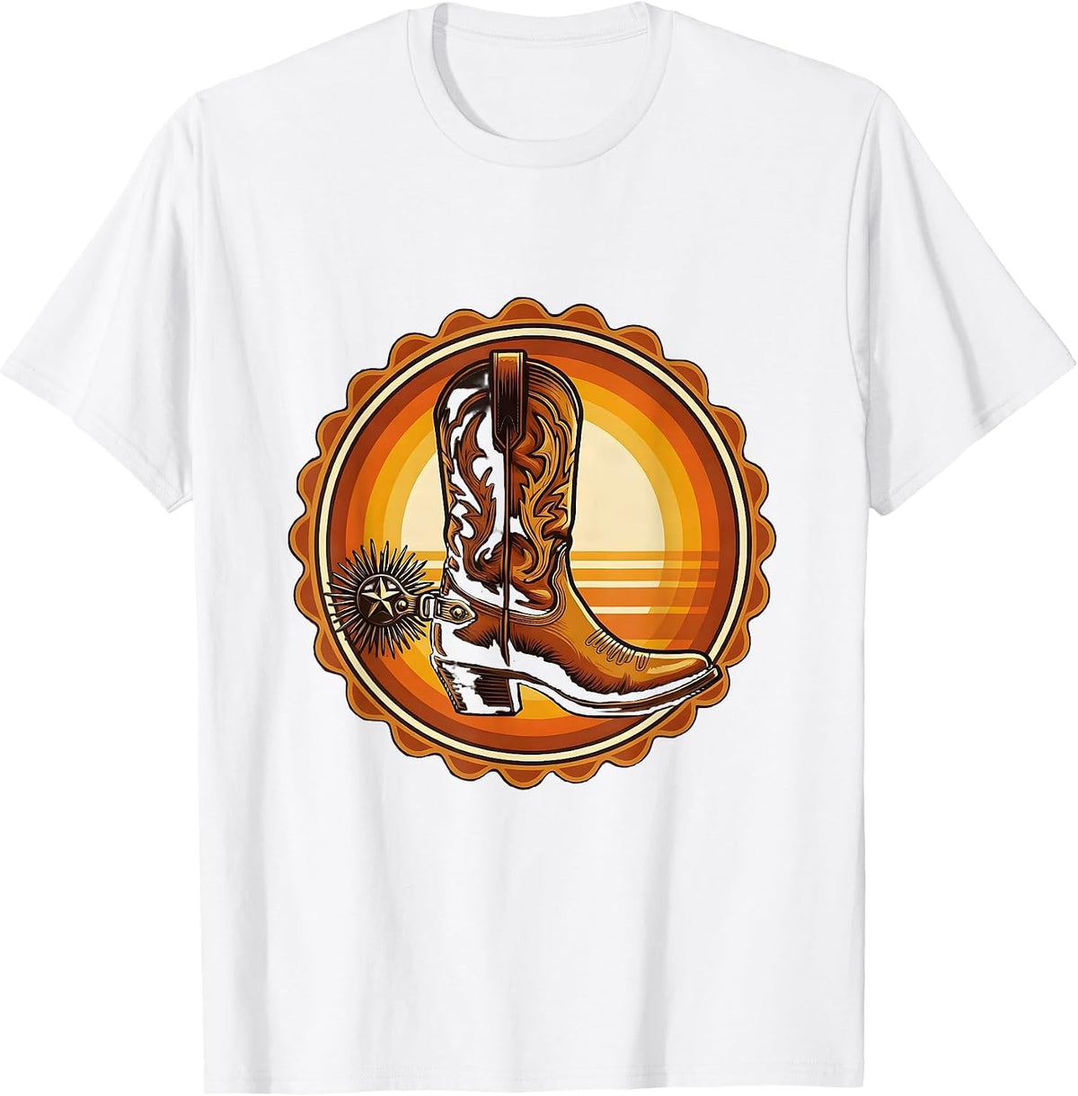 Cowgirl Boot Heel With Spur and Star Graphic T-Shirt - White
