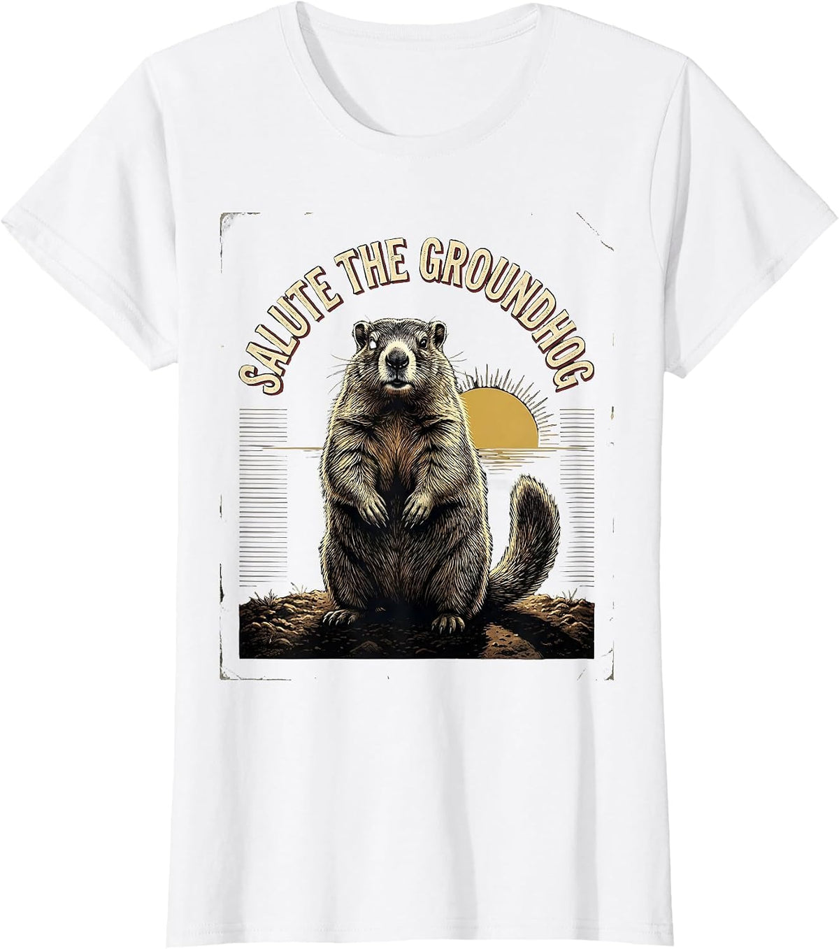 Salute The Groundhog Funny Groundhog Day Vintage Badge Humor T-Shirt - White