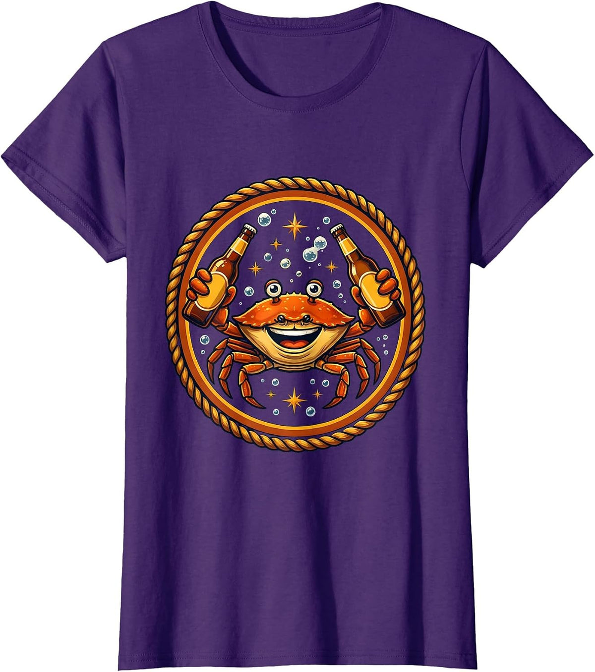 Women's Happy Hour Crab Holding a Cold Beer Illustration T-Shirt - Purple