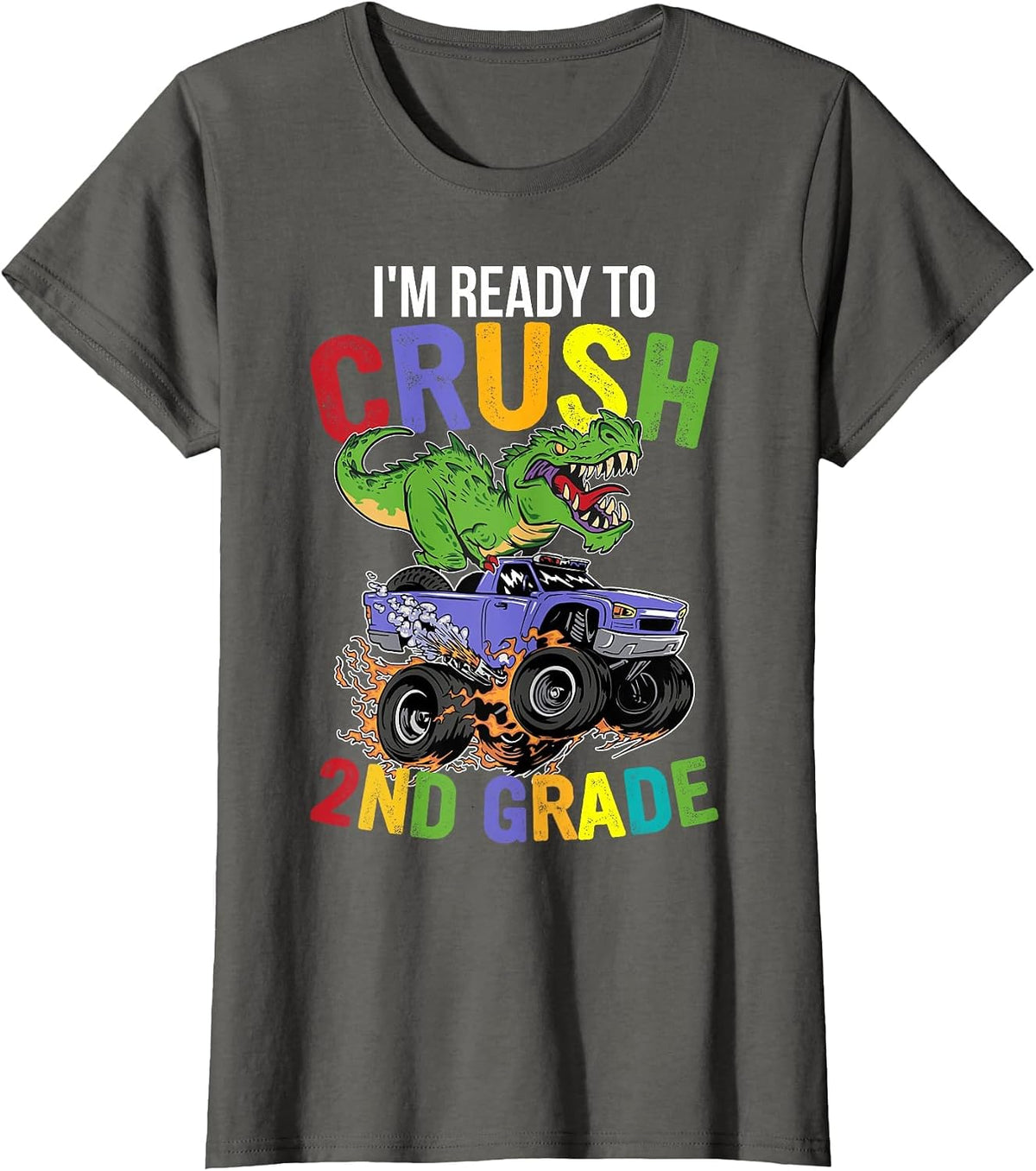 I'm Ready to Crush 2nd Grade Monster Truck Dinosaur Boys T-Shirt - Asphalt Grey