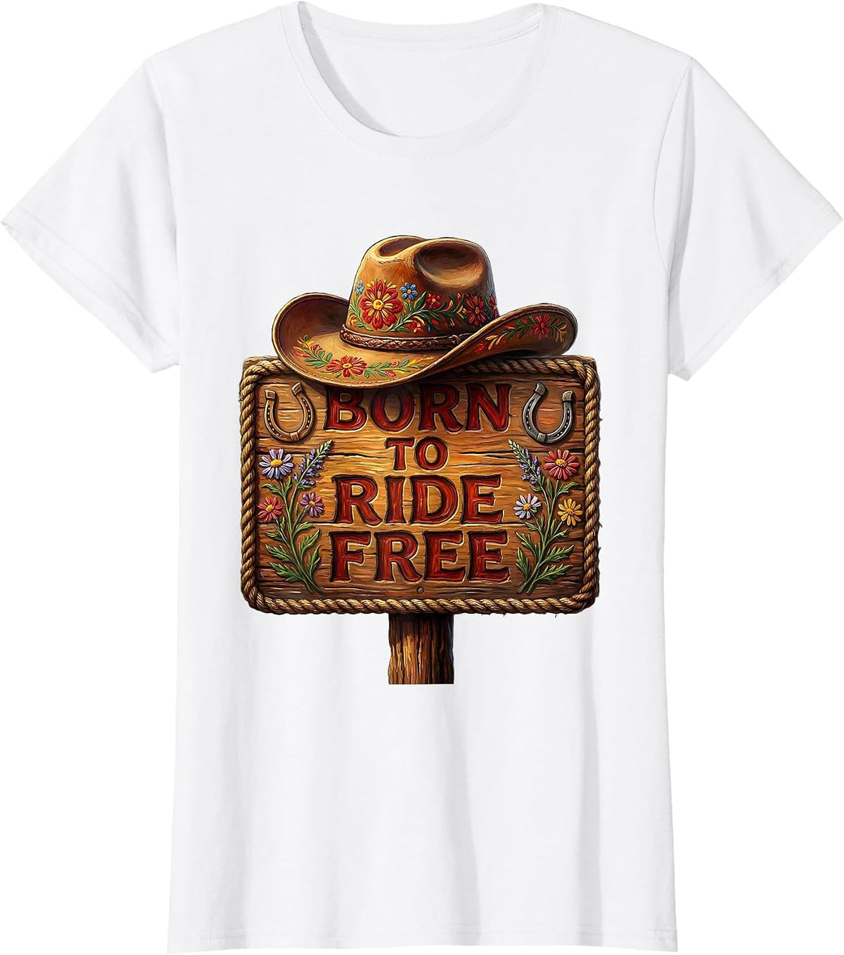 Born to Ride Free Cowboy Western Design T-Shirt - White