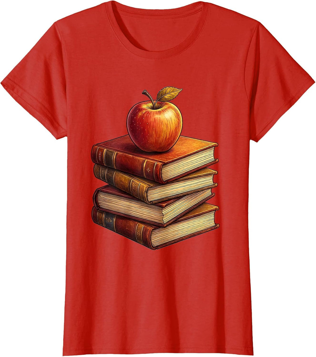 Middle School Teacher Stacked Textbooks Apple Gift T-Shirt - Red