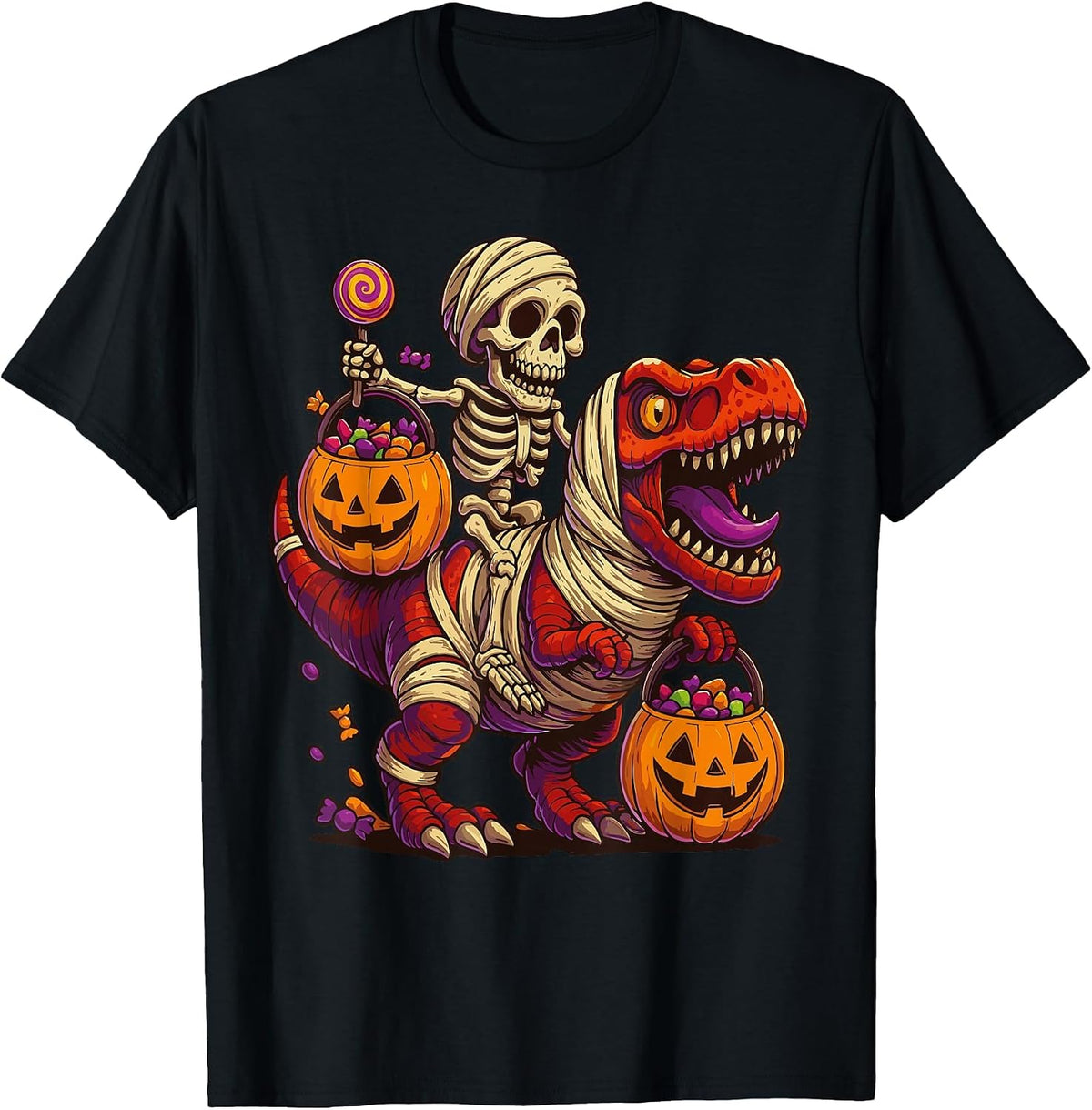 Skeleton Riding Mummy Dinosaur T rex Halloween Funny Pumpkin T-Shirt - Black