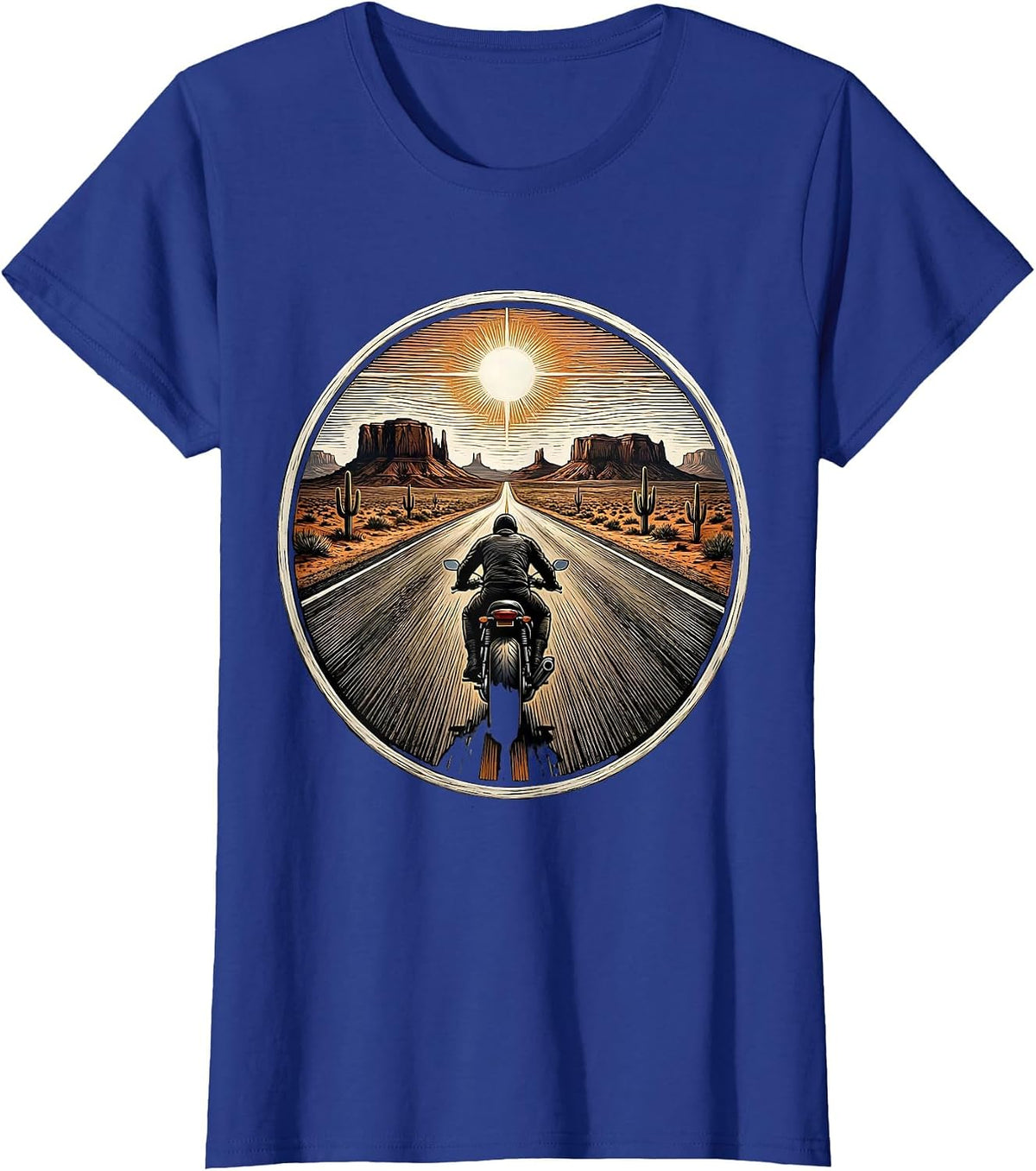 Women's Lone Biker Desert Highway Motorcycle Graphic T-Shirt - Royal Blue