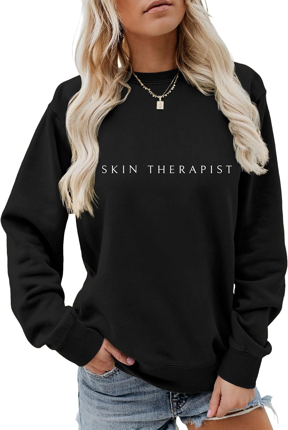 Skin Therapist Sweatshirt For Women Crewneck Esthetician Pullover Sweater Long Sleeve Skin Therapist Shirts - Black