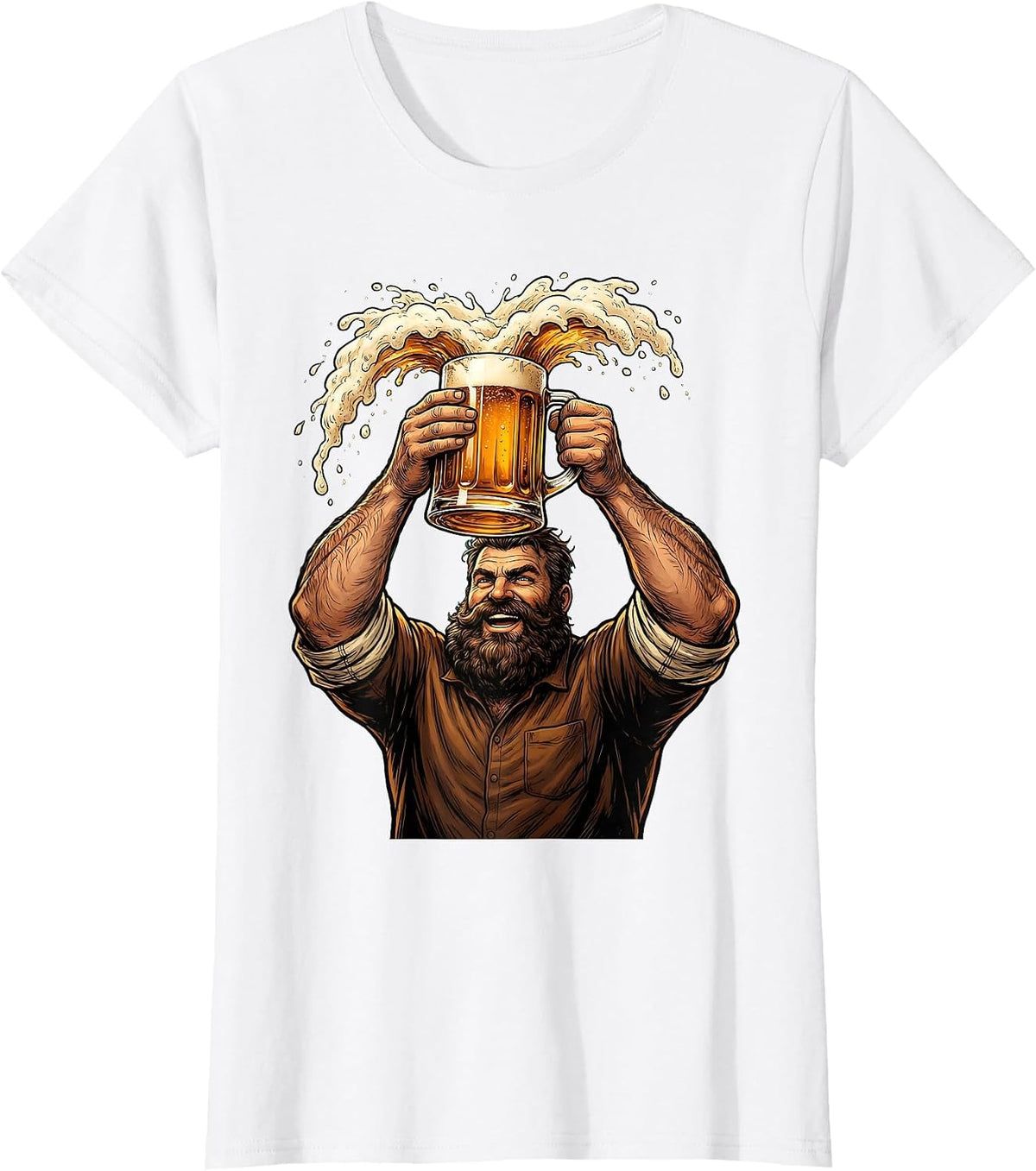 Bearded Beer Lover Raising Frothy Mug Graphic T-Shirt - White