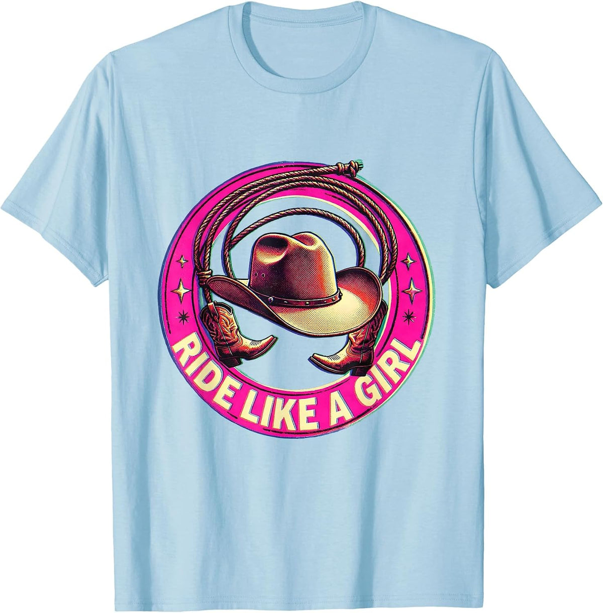 Men's Ride Like a Girl Pink Cowgirl Design T-Shirt - Baby Blue