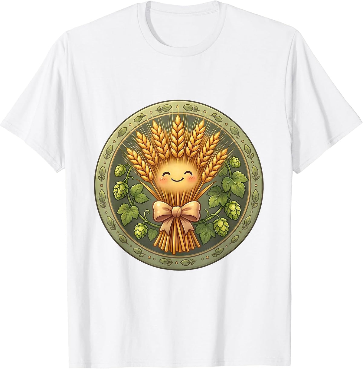 Oktoberfest Hop Vine and Wheat Bundle Design T-Shirt - White