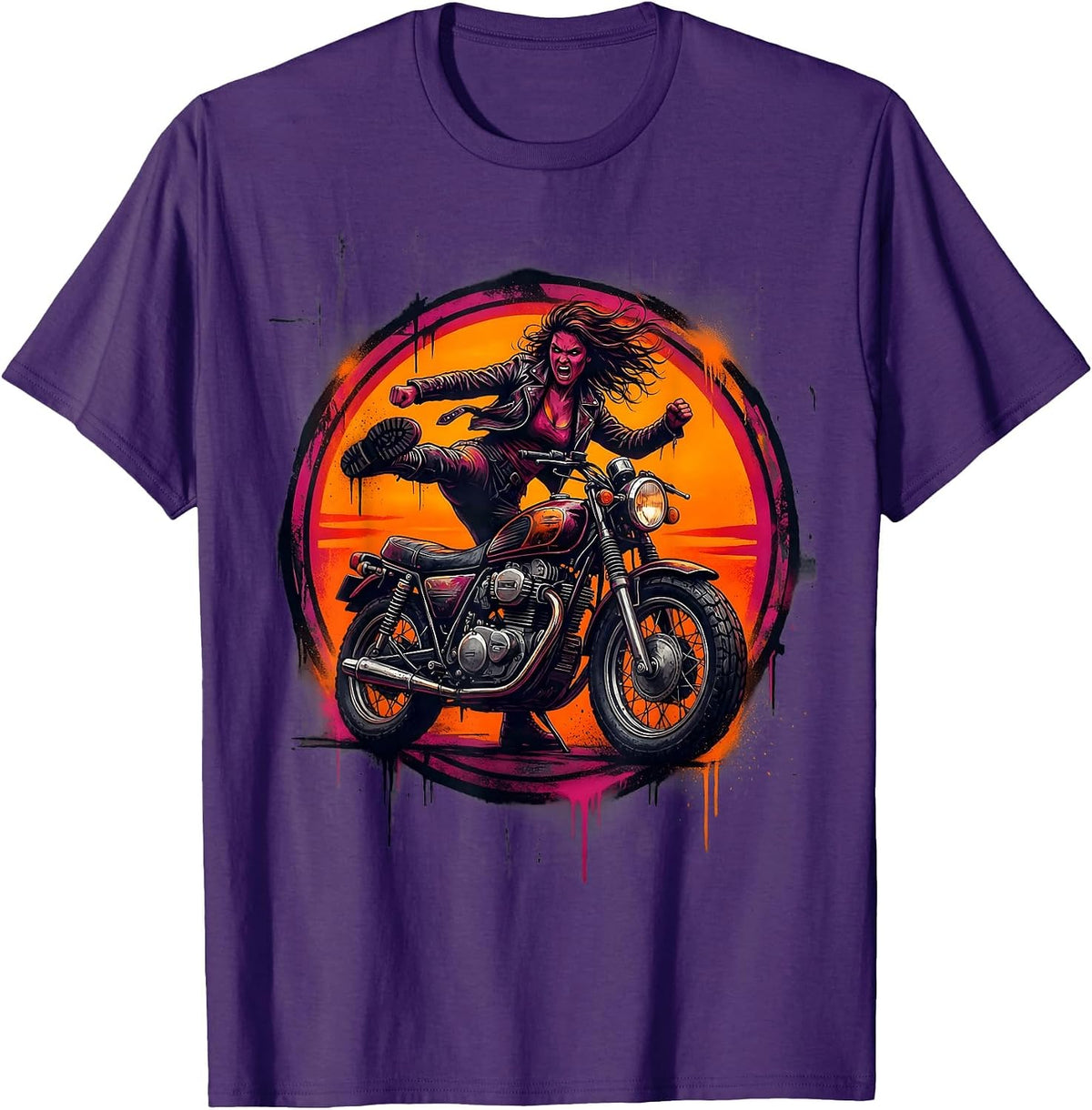 Vintage Motorcycle Kick-Start Dusk Biker Graphic T-Shirt - Purple