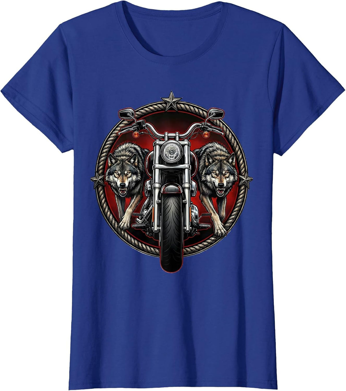 Women's Wolf Pack and Motorcycle Biker Graphic T-Shirt - Royal Blue