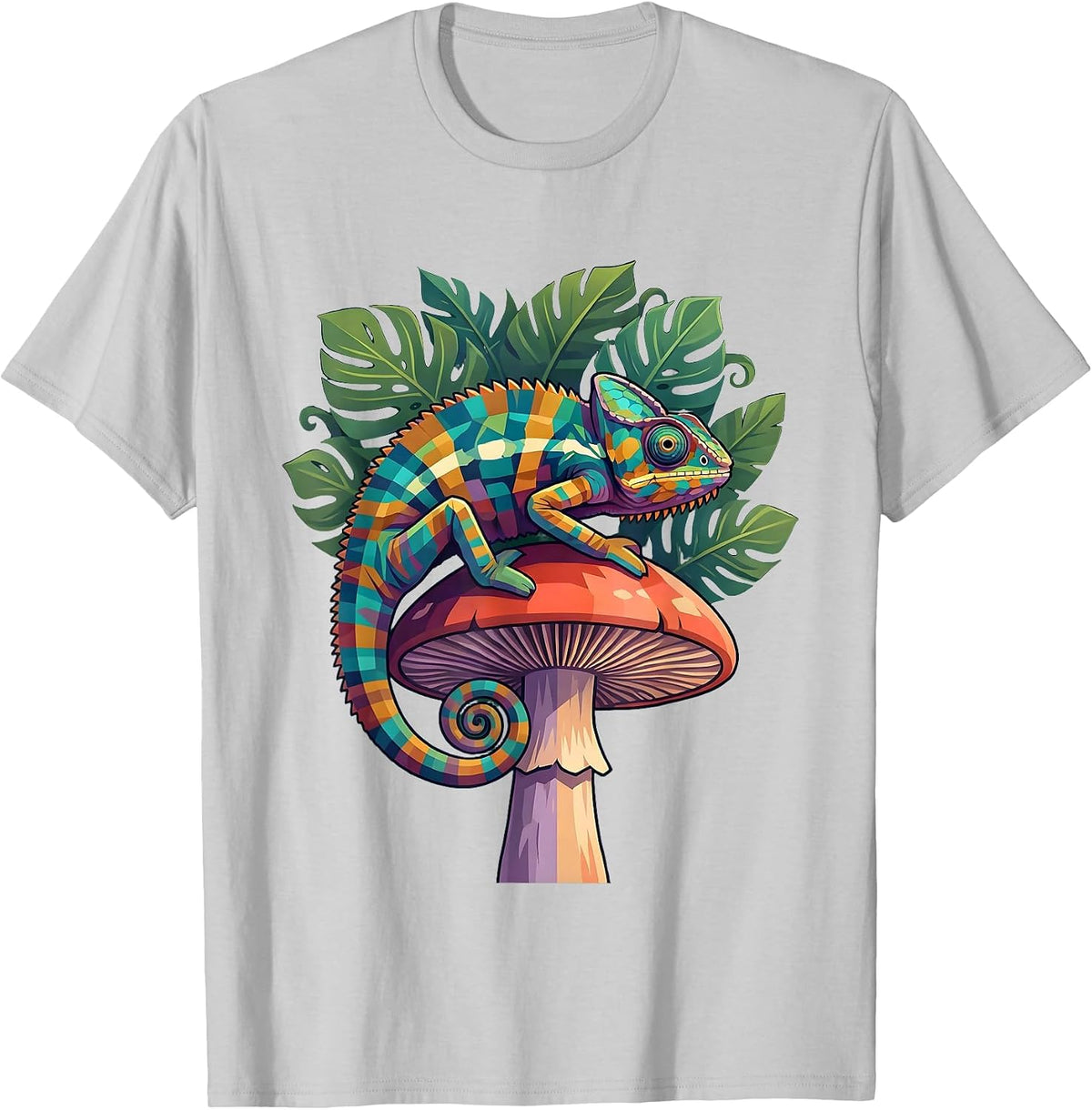 Men's Chameleon Glowing Mushroom Jungle Art T-Shirt - Silver Grey