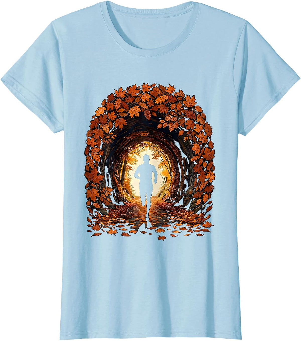 Runner Silhouette Autumn Leaf Tunnel Graphic Tee T-Shirt - Baby Blue