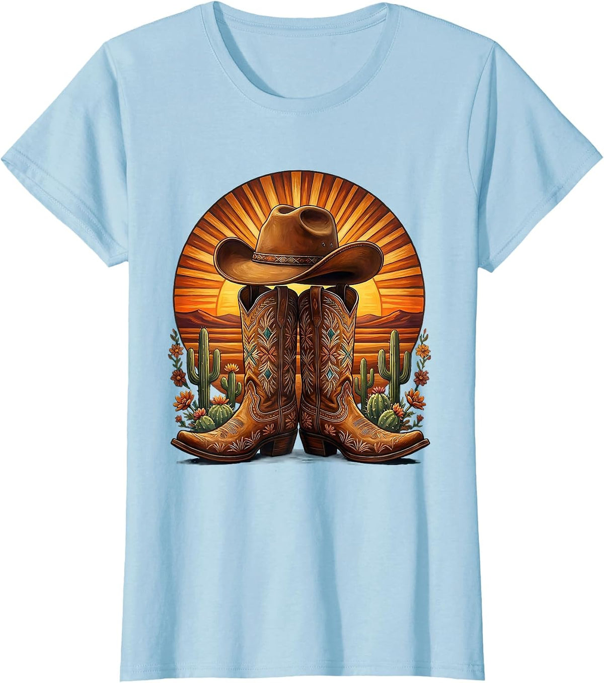 Women's Cowgirl Boots and Hat Desert Sunset Graphic T-Shirt - Baby Blue