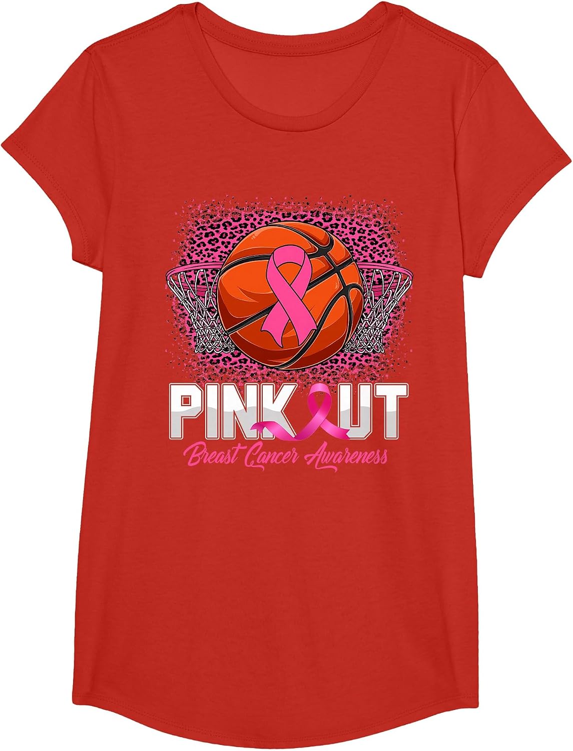 Pink Out Breast Cancer Awareness Basketball Leopard Bleached T-Shirt - Girls Red