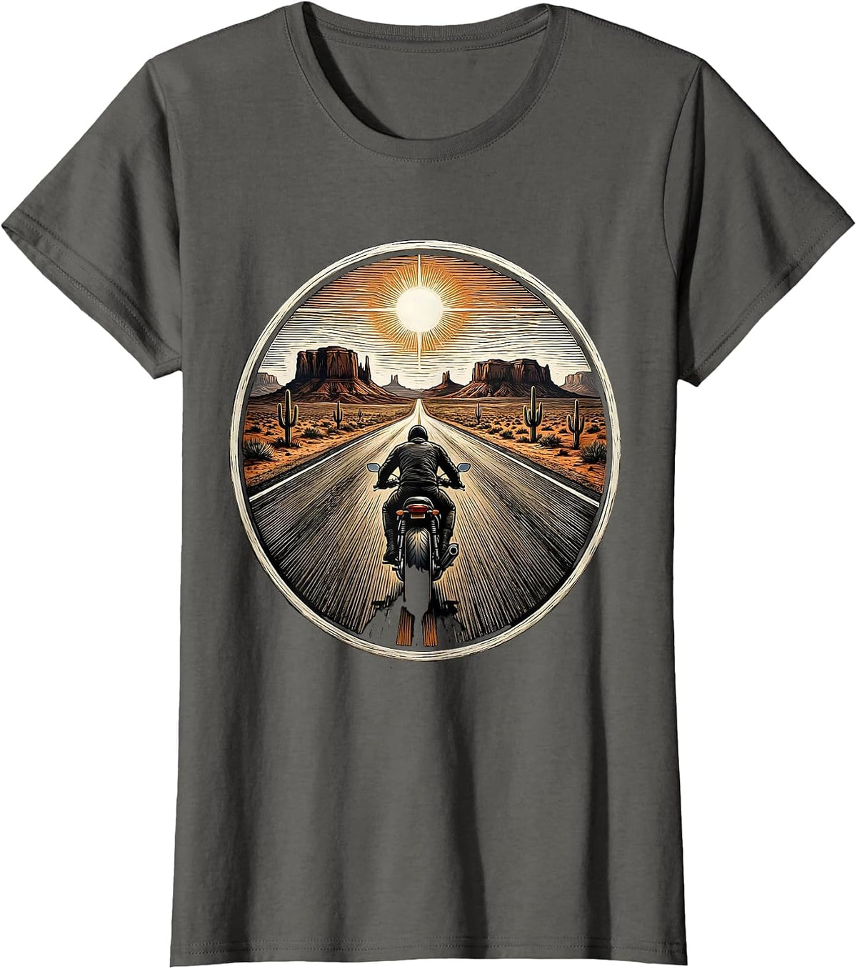 Women's Lone Biker Desert Highway Motorcycle Graphic T-Shirt - Asphalt Grey