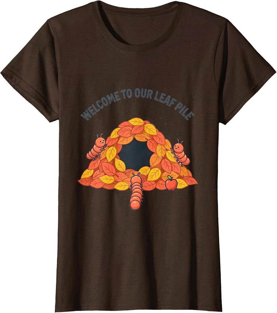 Women's Welcome To Our Leaf Pile Cute Teacher Animal Mascot Back T-Shirt - Brown