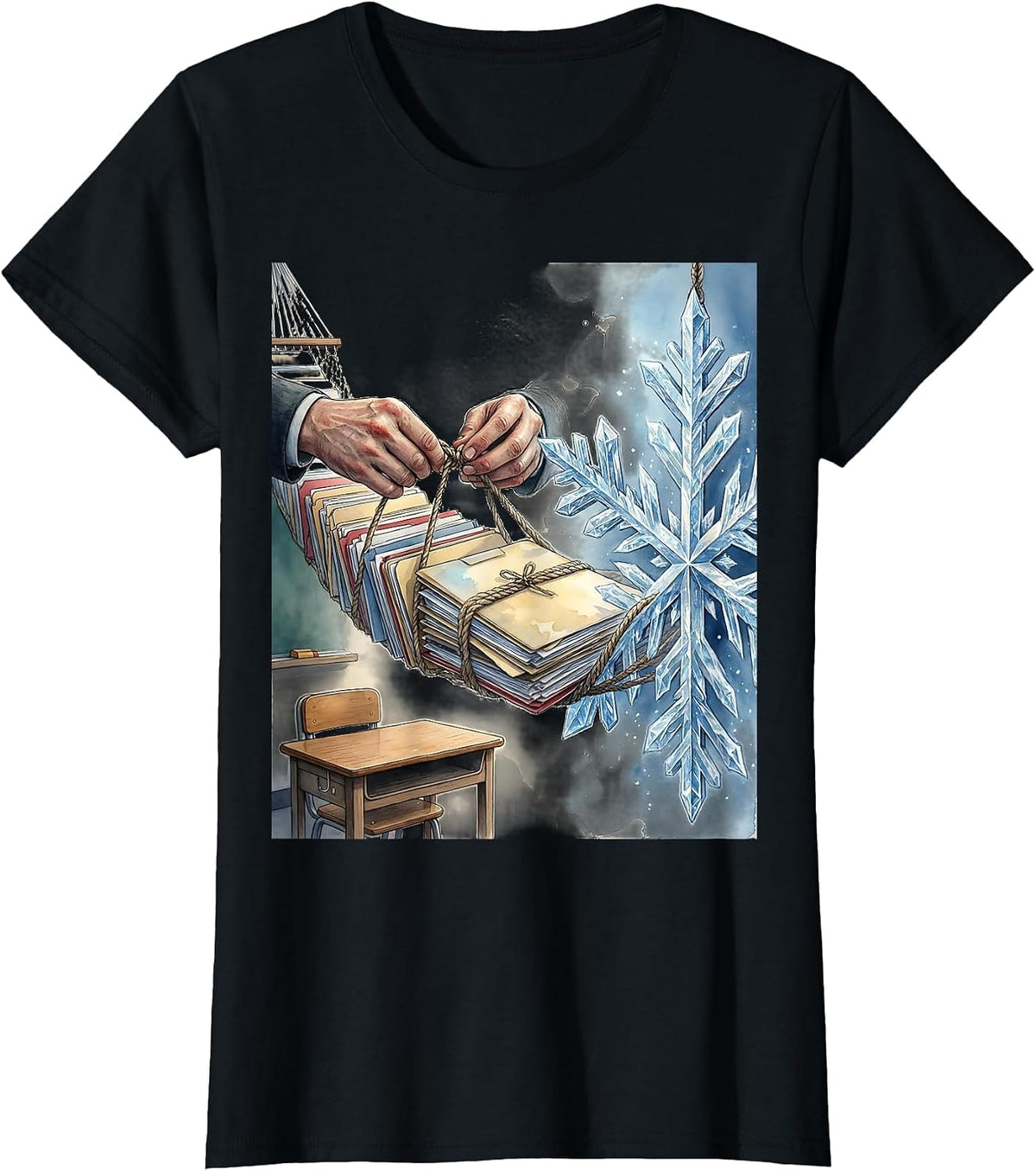 Watercolor Teacher Hands Bridge Christmas Break Humor T-Shirt - Black