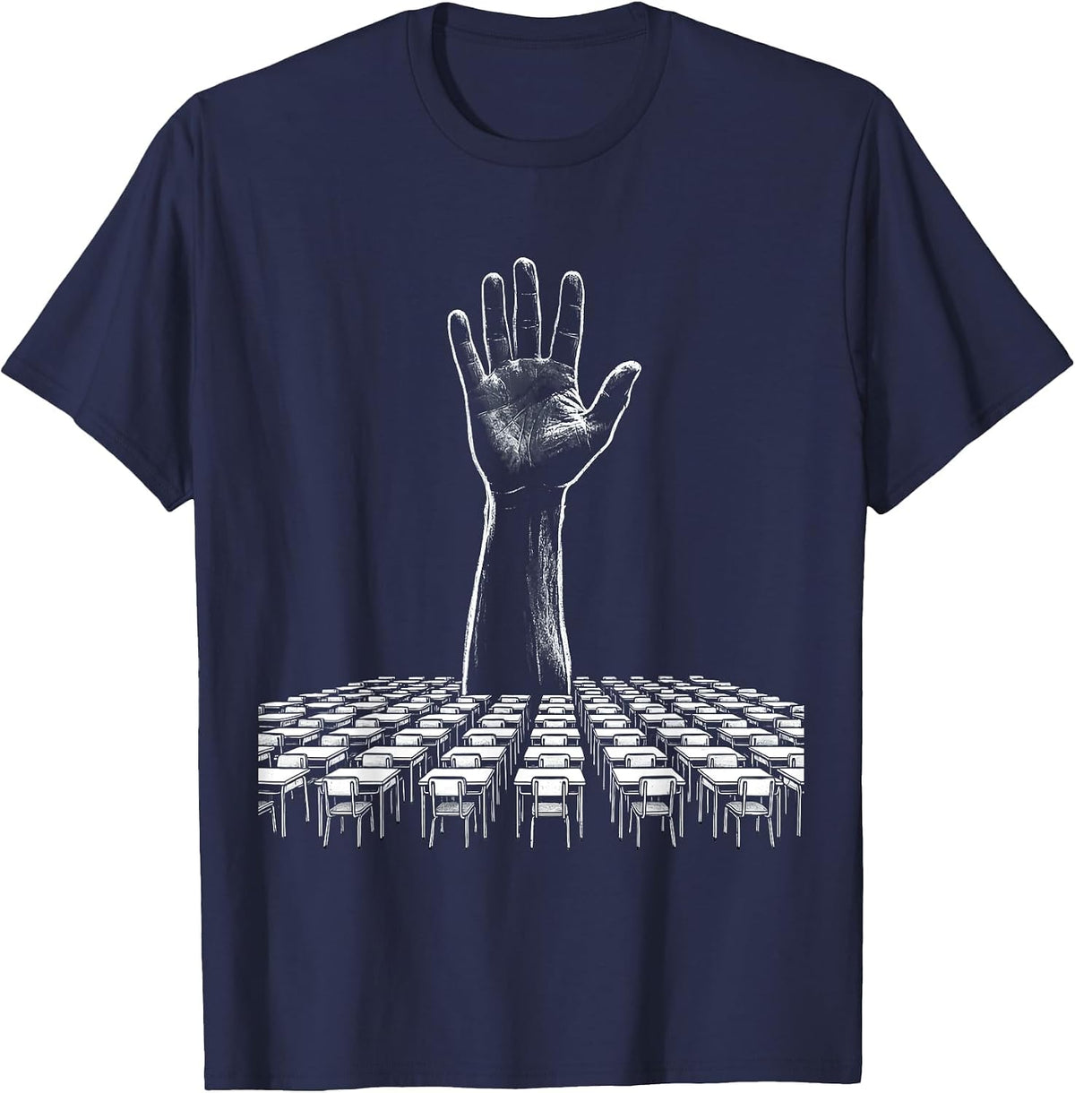 Middle School Teacher Hand Raise Classroom Graphic T-Shirt - Navy Blue