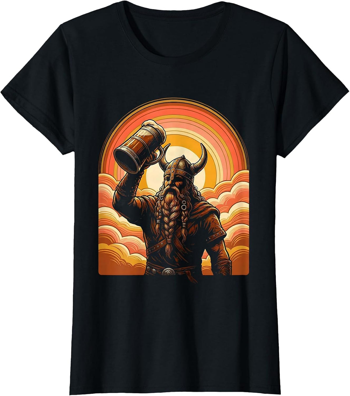 Women's Viking Mead Horn Braided Beard Illustration T-Shirt - Black