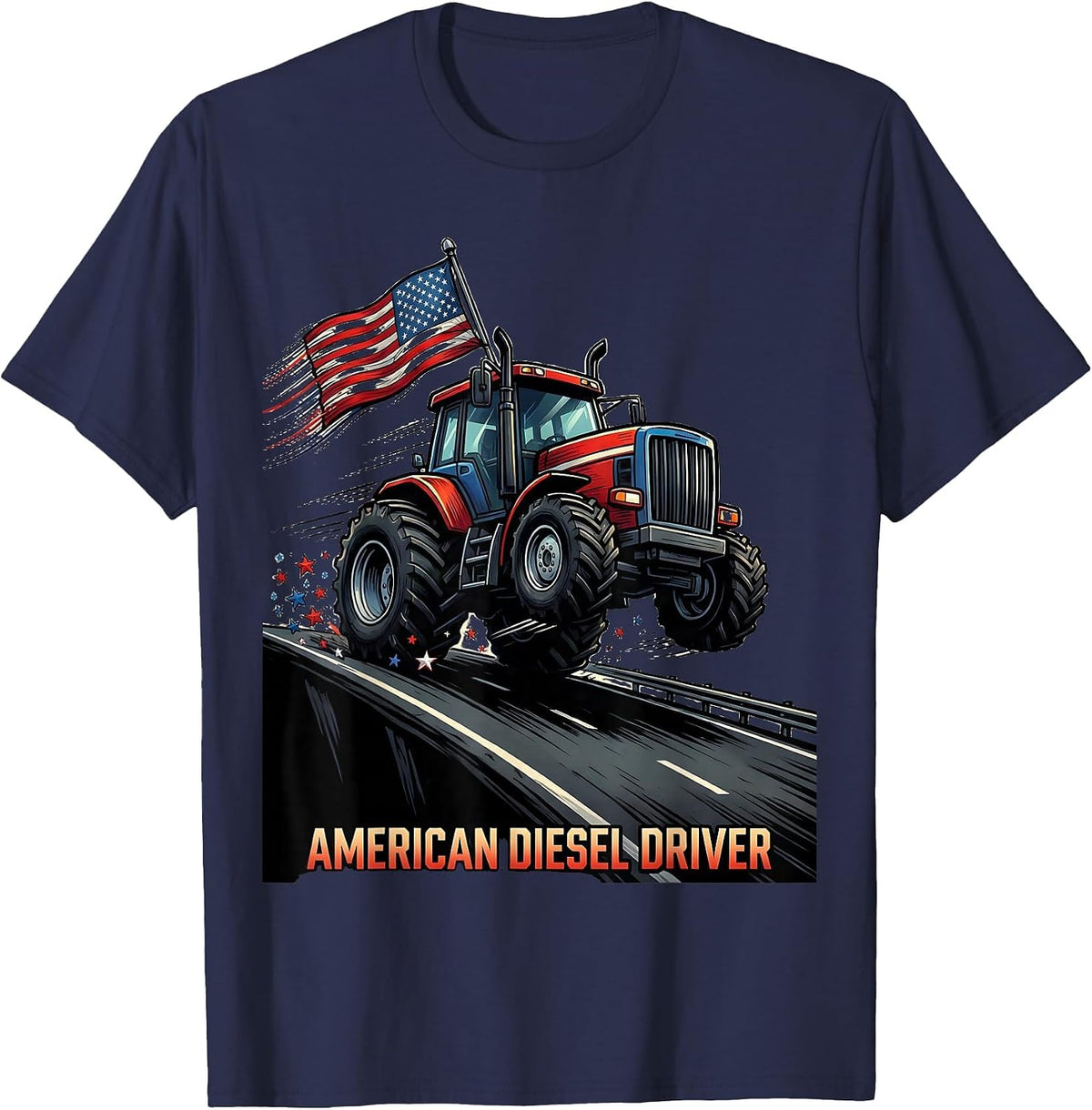 American Diesel Driver Cartoon Semi Truck Patriotic Driver T-Shirt - Navy Blue