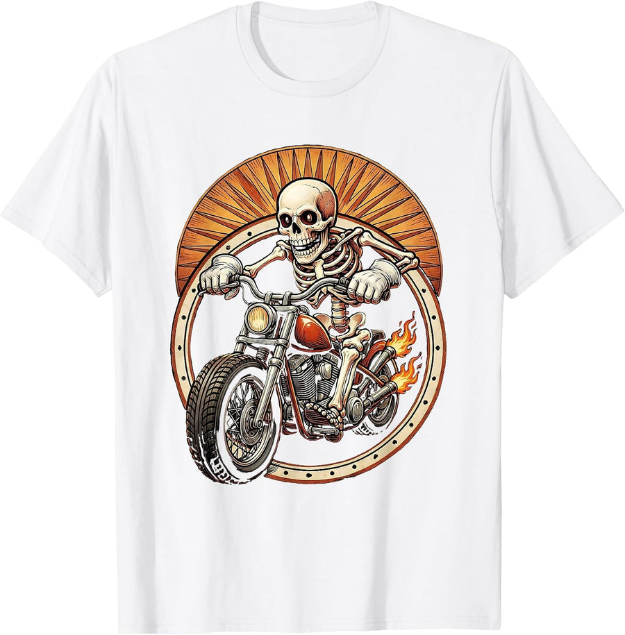 Men's Skeleton Chopper Motorcycle Sunset Rider T-Shirt - White