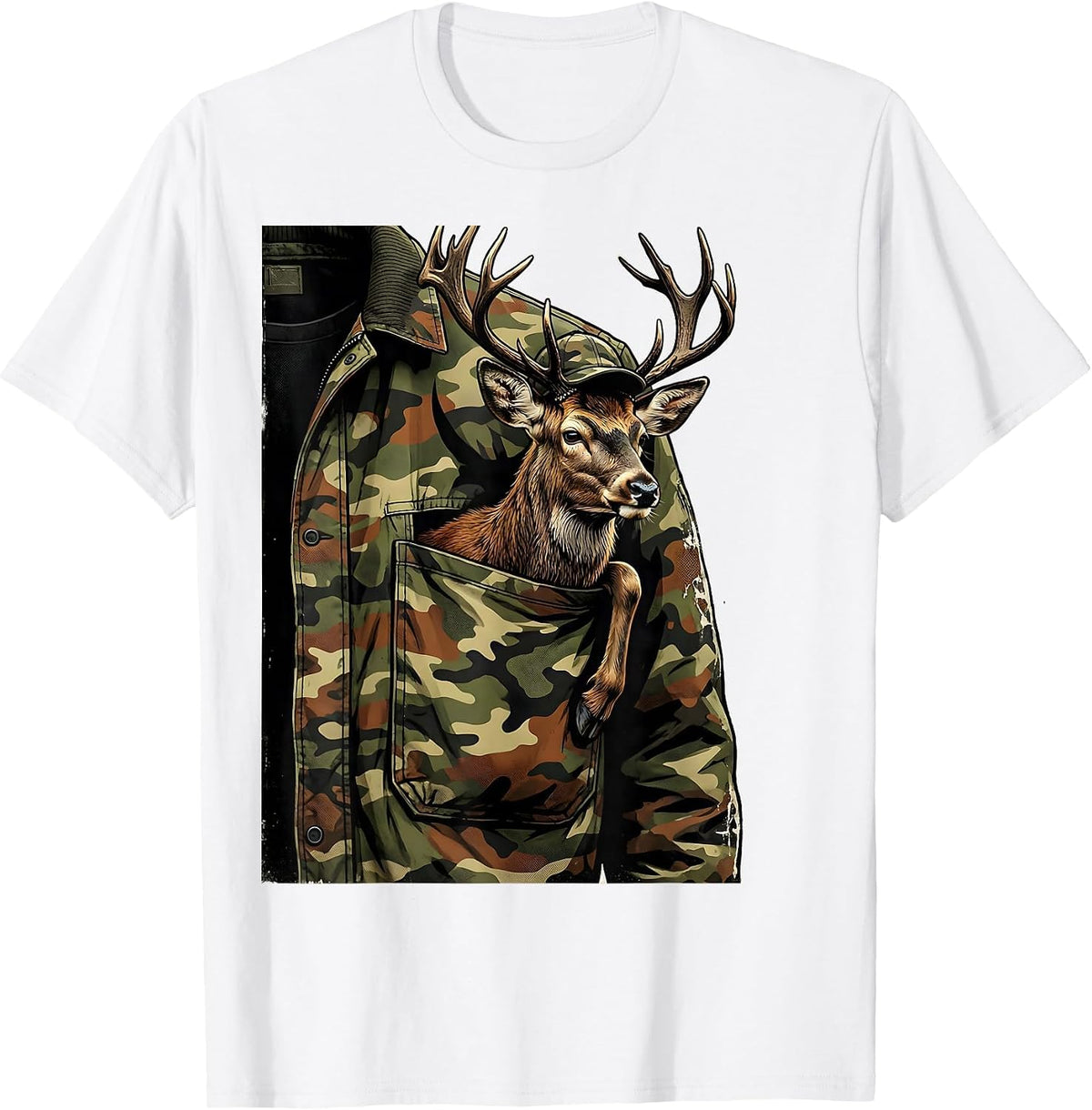 Men's Reclining Buck Distressed Camo Deer Hunting Gift T-Shirt - White