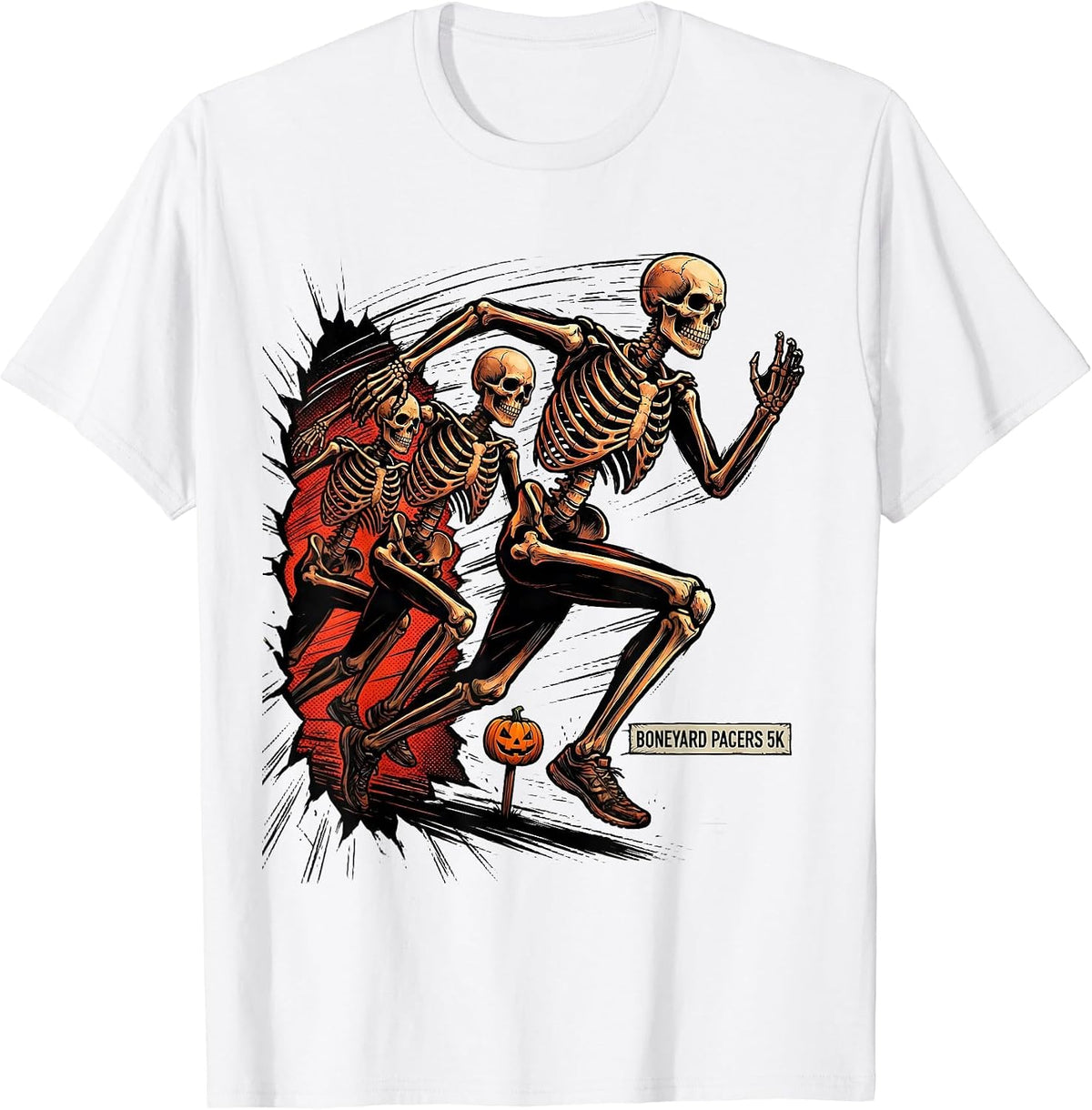 Men's Boneyard Pacers 5K Comic Book Skeleton Runner Halloween Fun T-Shirt - White