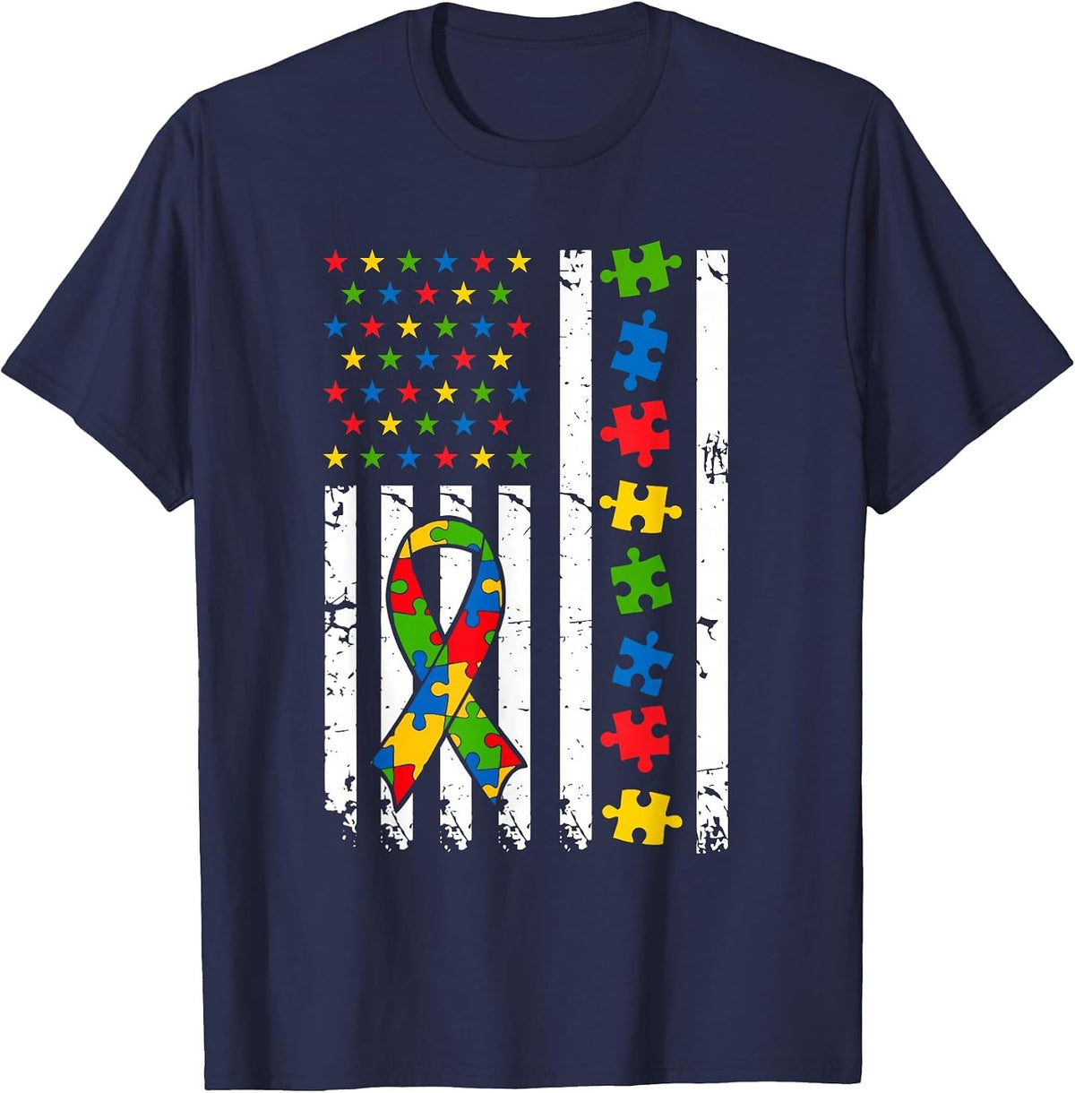 American Flag Autism Awareness Support Neurodiversity Women T-Shirt - Navy Blue