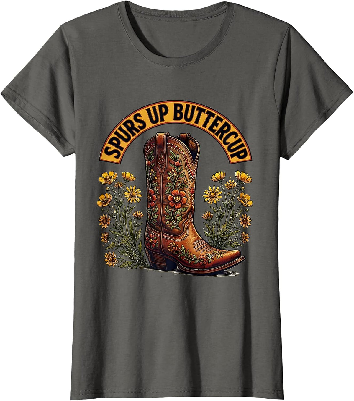 Women's Spurs Up Buttercup Cowgirl Western Design T-Shirt - Asphalt Grey