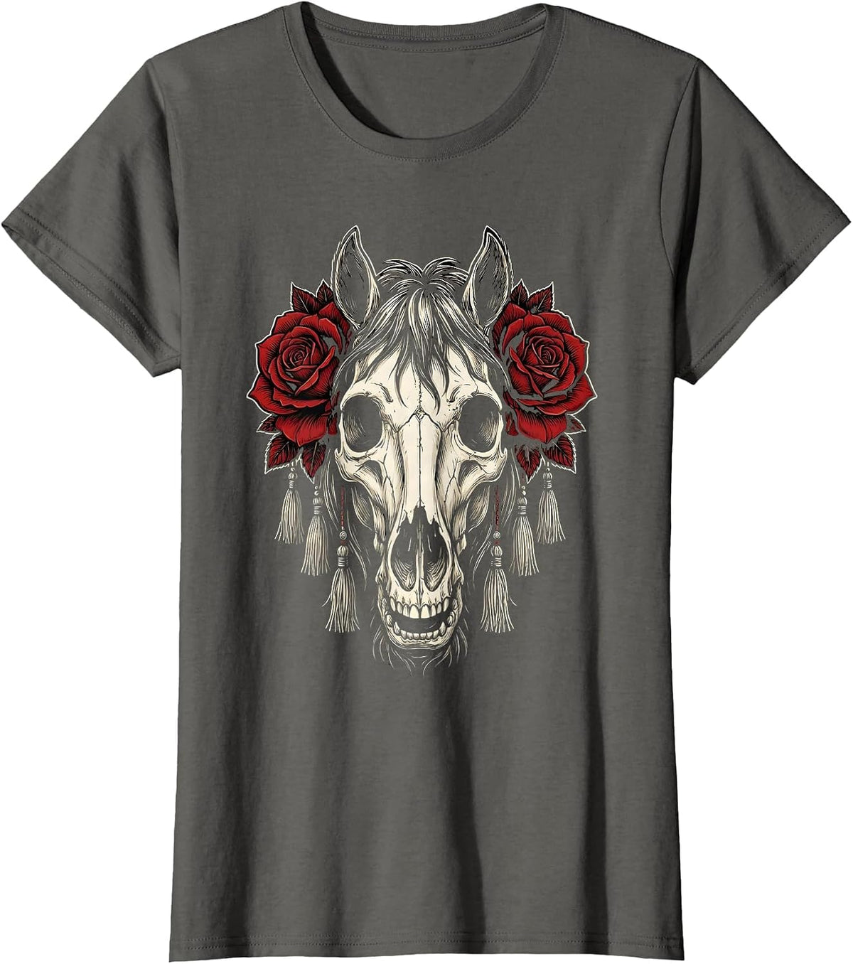 Women's Horse Skull Roses and Fringe Cowgirl Graphic T-Shirt - Asphalt Grey