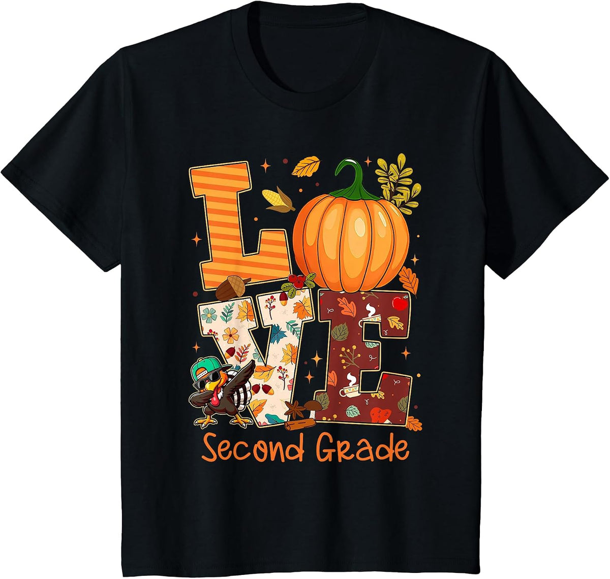 Love Second Grade Teacher Turkey Thanksgiving Autumn Fall T-Shirt - Black
