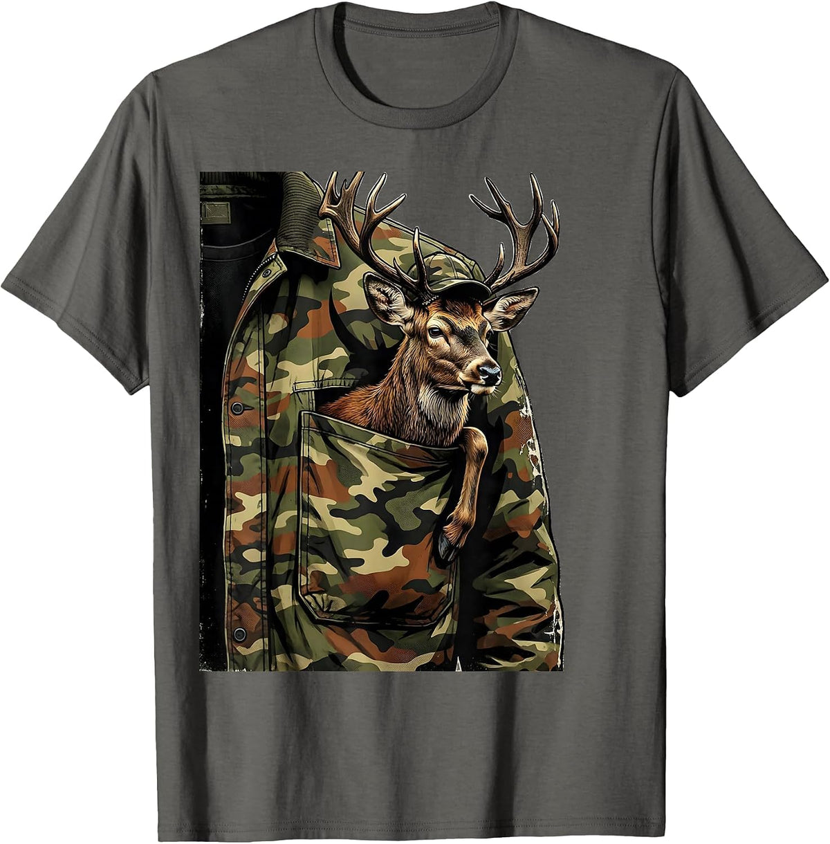 Men's Reclining Buck Distressed Camo Deer Hunting Gift T-Shirt - Asphalt Grey