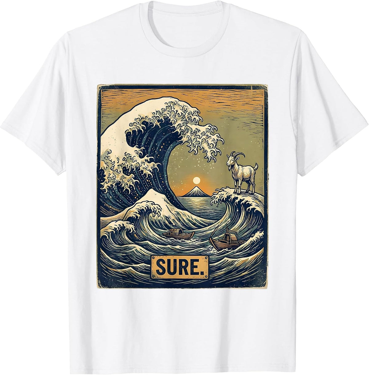Men's Sure Vintage Japanese Animal Parody Art Great Wave Off T-Shirt - White
