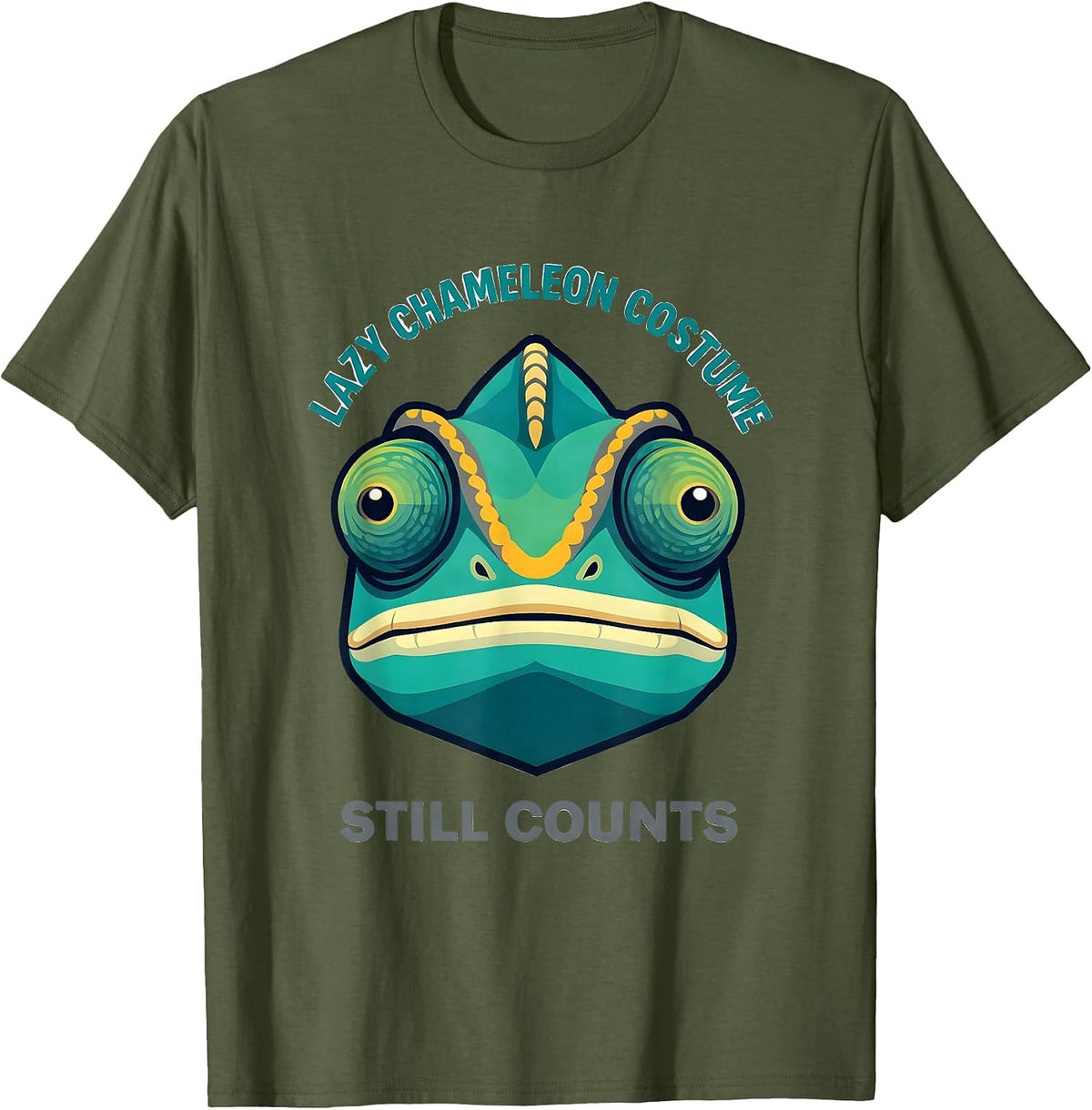 Men's Lazy Chameleon Costume Still Counts Kawaii Animal Face T-Shirt - Olive Green