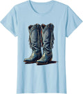 Women's Denim Cowgirl Boots with Fringe Illustration T-Shirt - Baby Blue