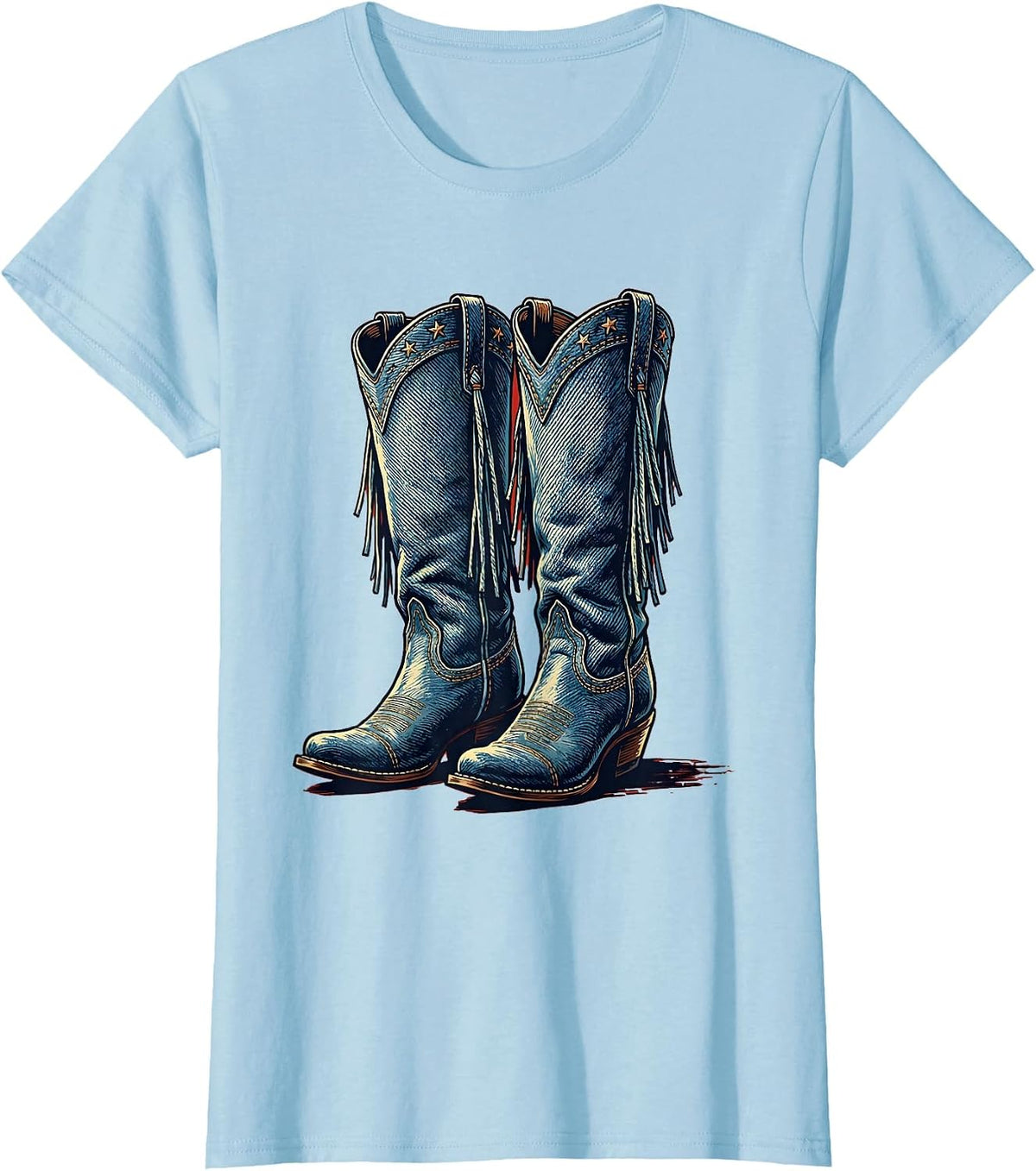Women's Denim Cowgirl Boots with Fringe Illustration T-Shirt - Baby Blue