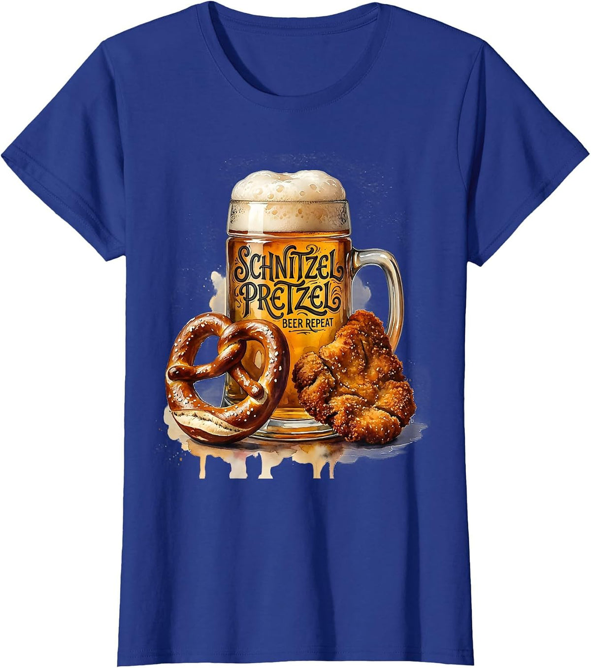 Women's Schnitzel Pretzel Beer Repeat Oktoberfest Design T-Shirt - Royal Blue