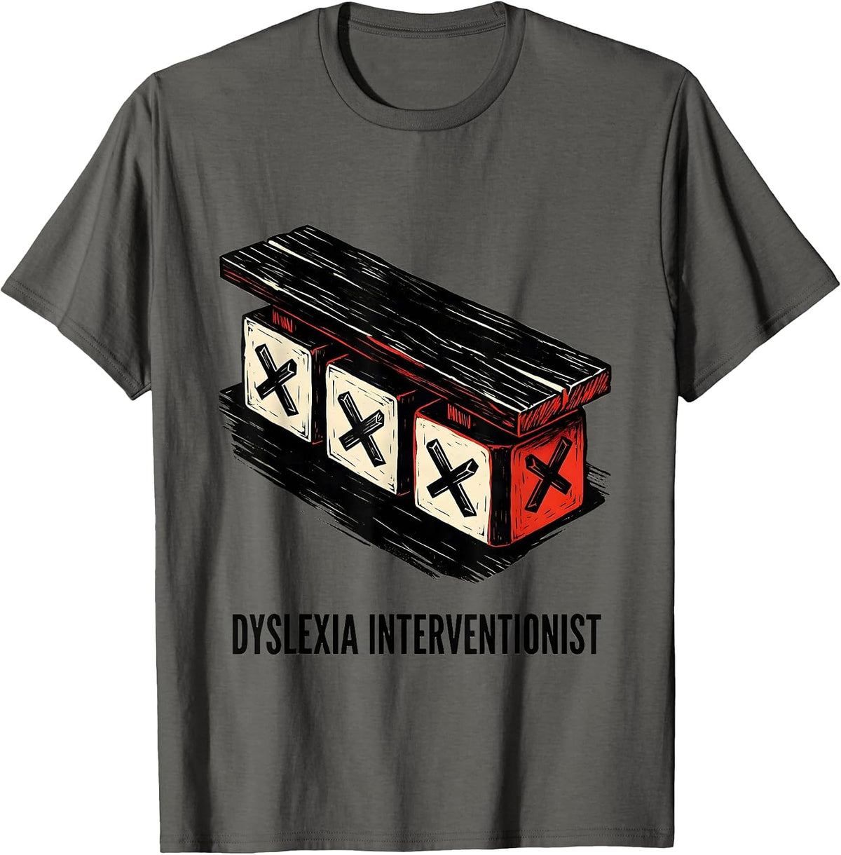 Dyslexia Interventionist Linocut Dyslexia Teacher Awareness T-Shirt - Asphalt Grey